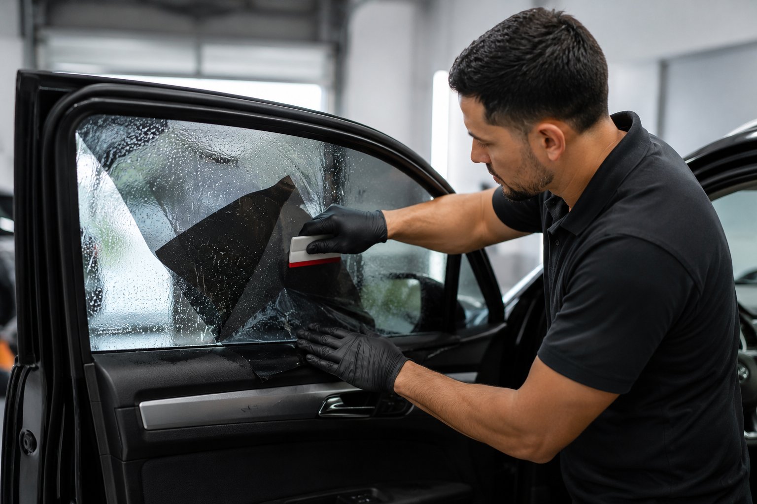 Technician applying window tint film