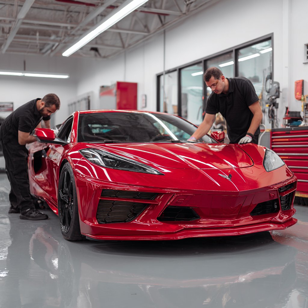 Shop team working on Corvette